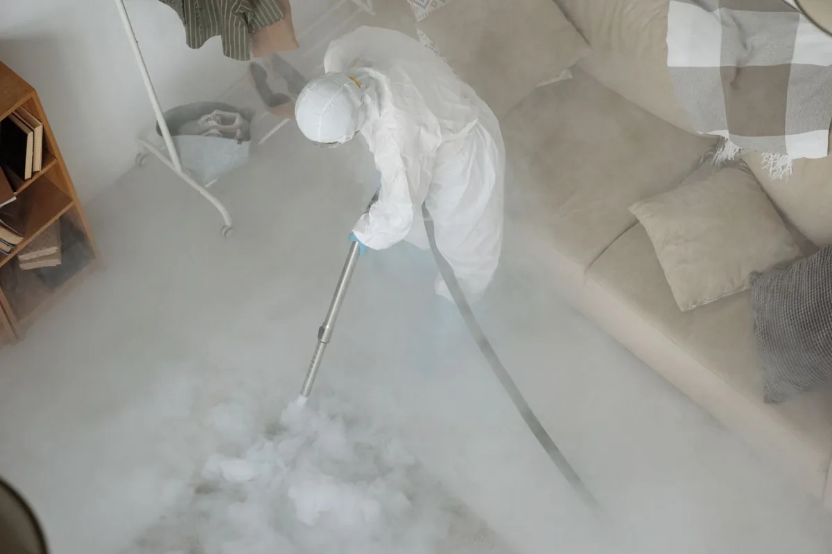 Biohazard cleanup technician in protective equipment, Washougal, WA